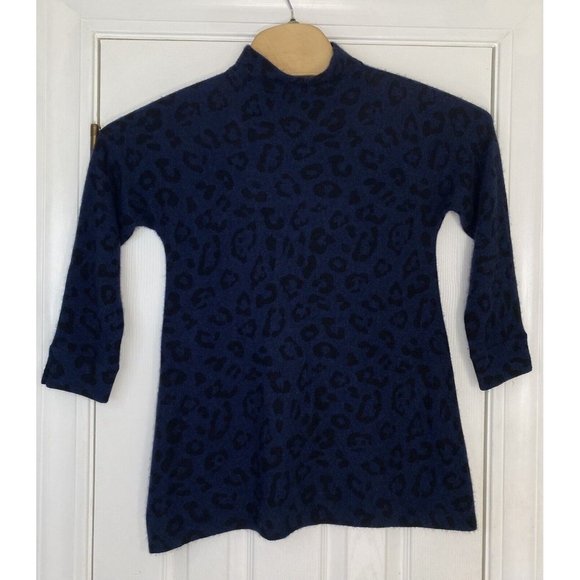 Kinross Sweaters - Kinross Cashmere Women’s 3/4 Sleeve High Neck Sweater Blue Black Leopard Medium